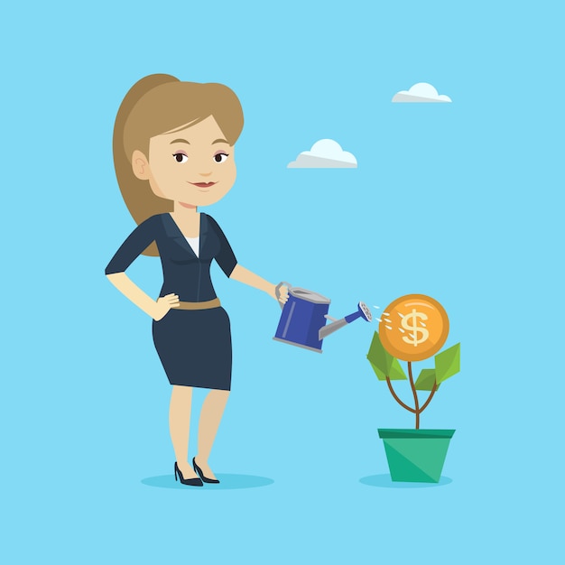 Business woman watering money flower.