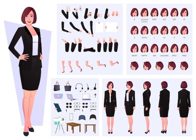 Business woman wearing suit character constructor with lip sync, emotions, and hand gestures design