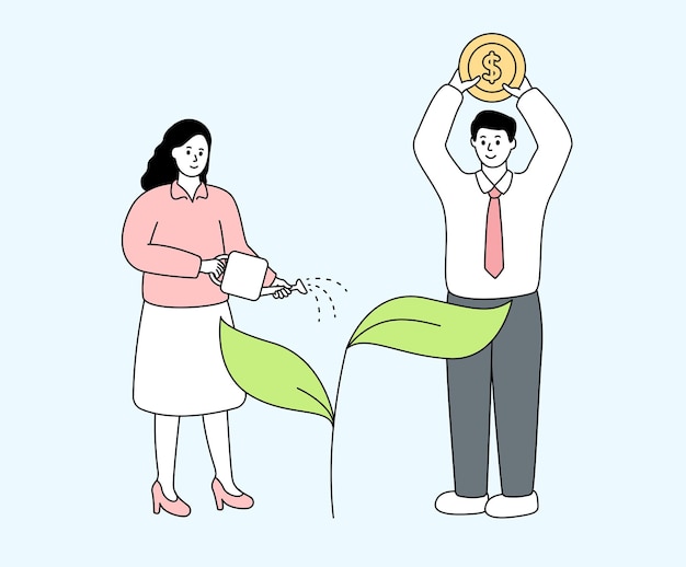 деловая женщина, которая поливает ростки, и деловой человек, который держит монету, иллюстрирующую набор долларов