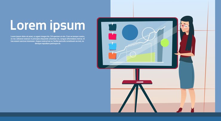 Vector business woman with flip chart seminar