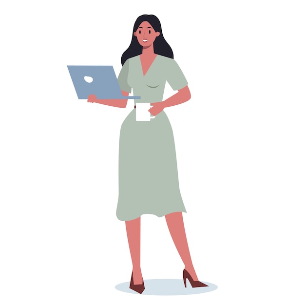 Business woman with gadget. Female character in suit holding laptop. Internet and network in device. 