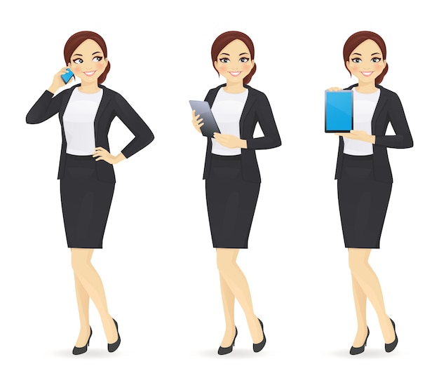 Business woman with gadgets set vector illustration