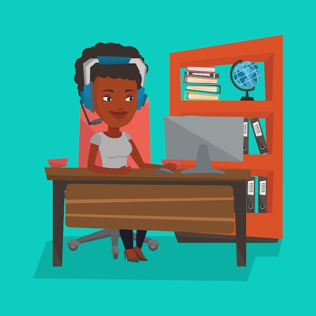 Vector business woman with headset working at office.