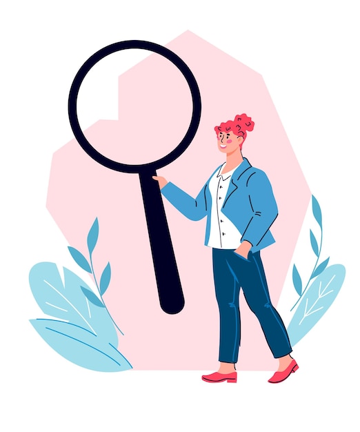 Vector business woman with magnifier explore and analytics research