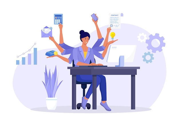 Vector business woman with many arms sitting at her laptop in office and doing many tasks at the same time. freelance worker. multitasking skills, effective time management and productivity concept