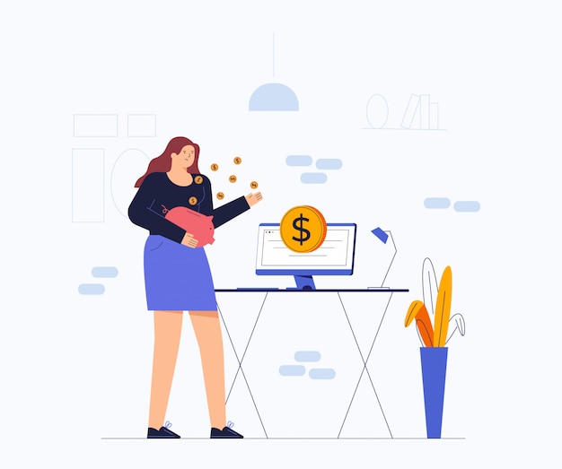 business woman with money pig concept illustration