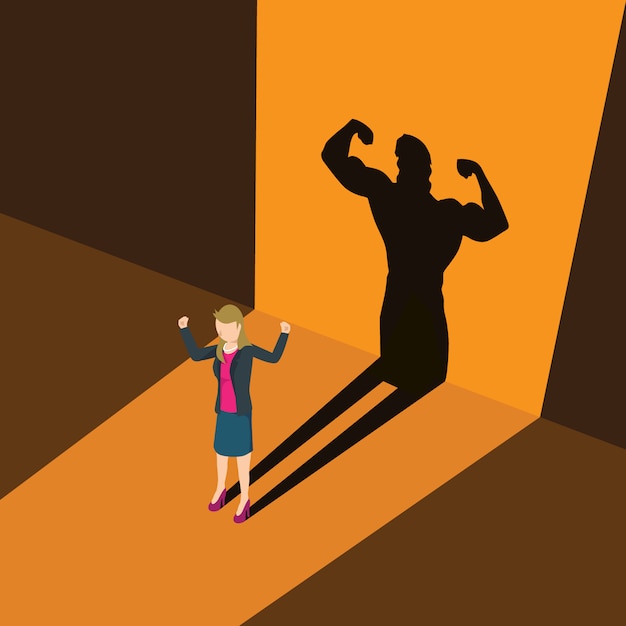 Business woman with powerful body shadow isometric