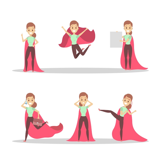 Vector business woman with red superhero cloak set. girl with a power and motivation in different poses. idea of leadership.   illustration