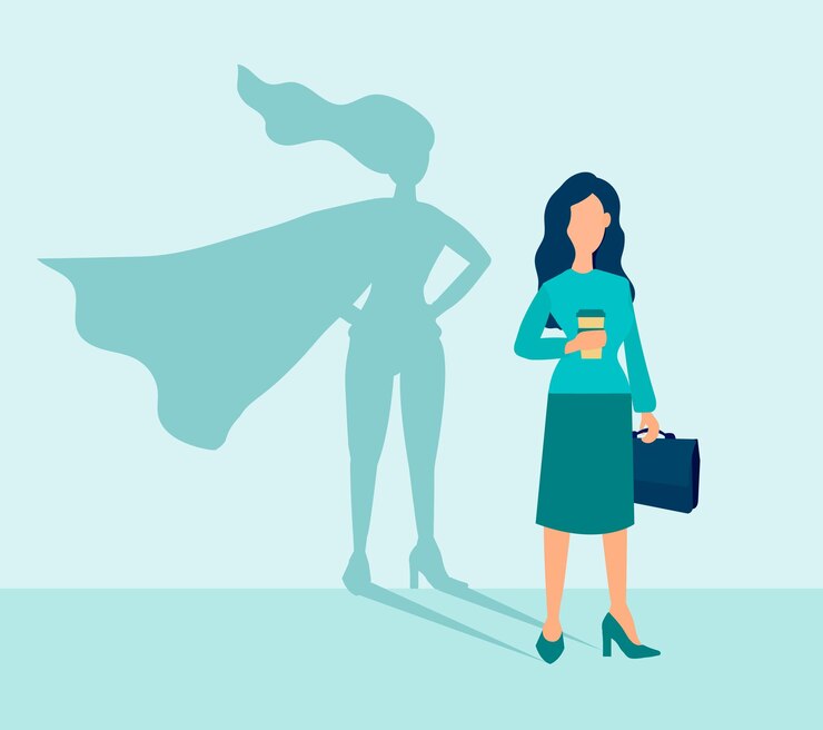 Vector business woman with a super hero shadow. leadership motivation concept. vector illustration