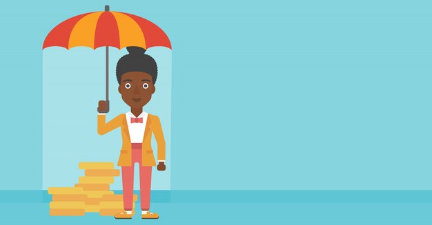 お金を保護する傘を持つ女性実業家。