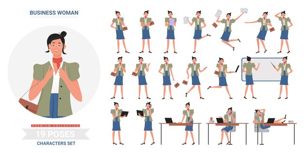 business woman working gestures poses, standing and running isolated