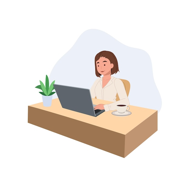 Business woman working on the laptop computer vector illustration