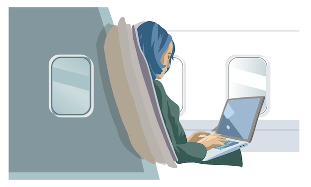 La donna di affari che lavora al computer portatile sta volando su un'illustrazione piana di vettore dell'aeroplano