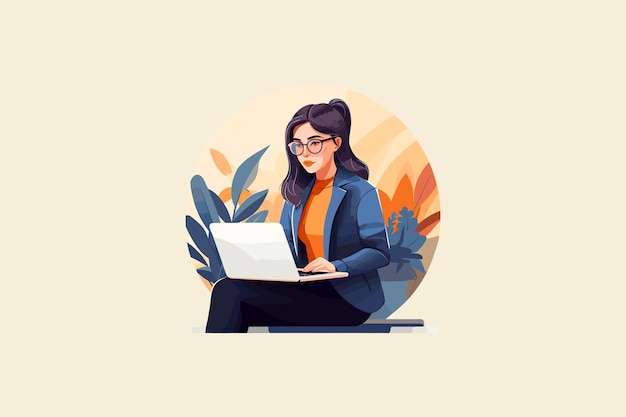 Business woman working on laptop Vector illustration in a flat style