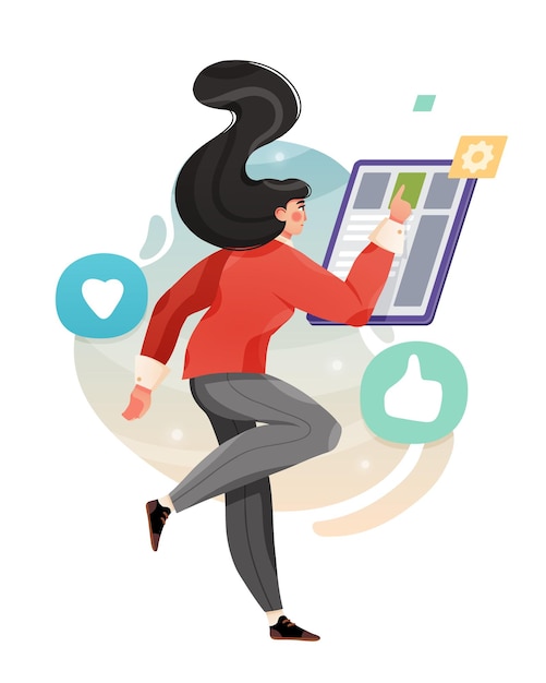 Vector business woman working on tablet. success work of online business. vector illustration