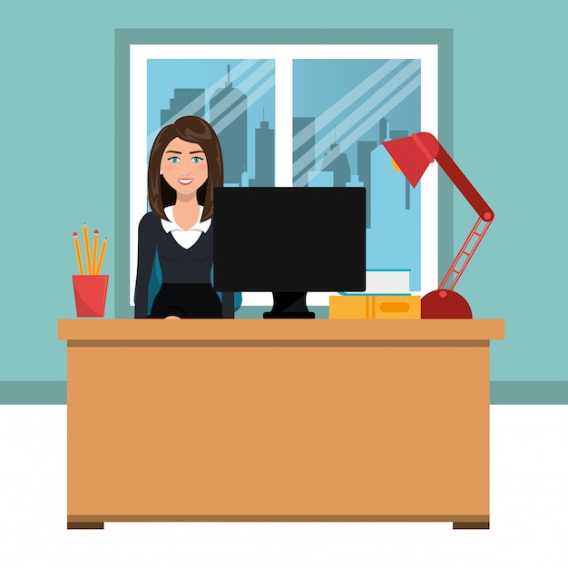 business woman in workspace isolated icon design