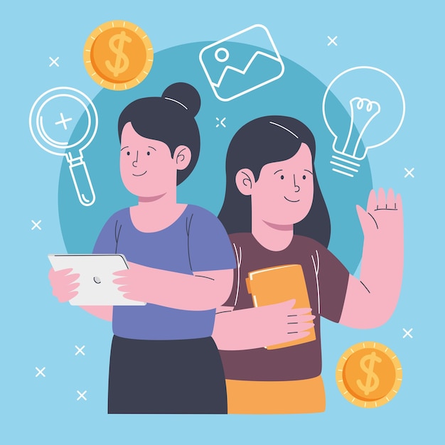 Vector business women couple with coins