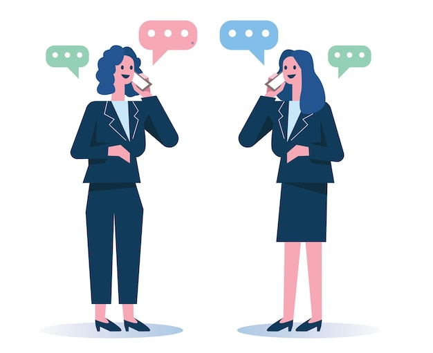 Business women talking on phone business communication concept isolated flat graphic design vector illustration