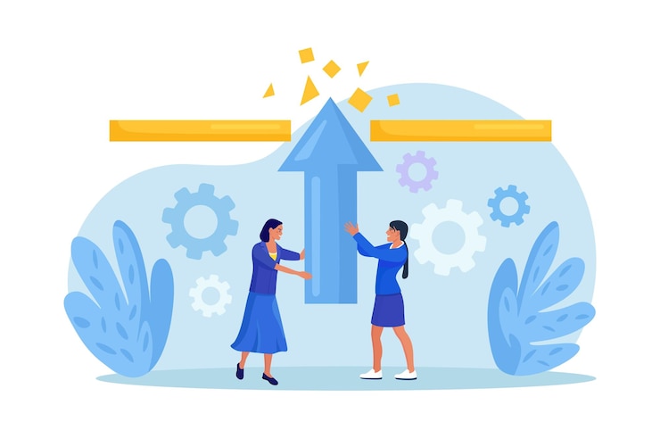 Vector business women try with full effort to break ceiling to growing in work people overcoming difficulty limits struggle with career obstacle exceeding boundaries business progress development