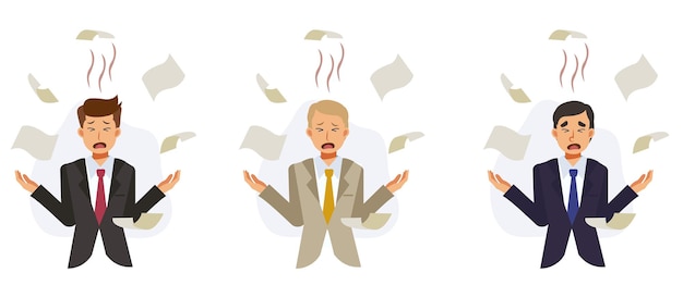 Business working concept, overwhelmed work.Set of businessman got exhausted from too muck work..Flat vector 2D cartoon character illustration.