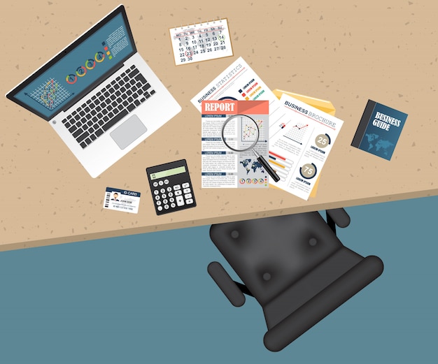 Vector business workspace top view illustration