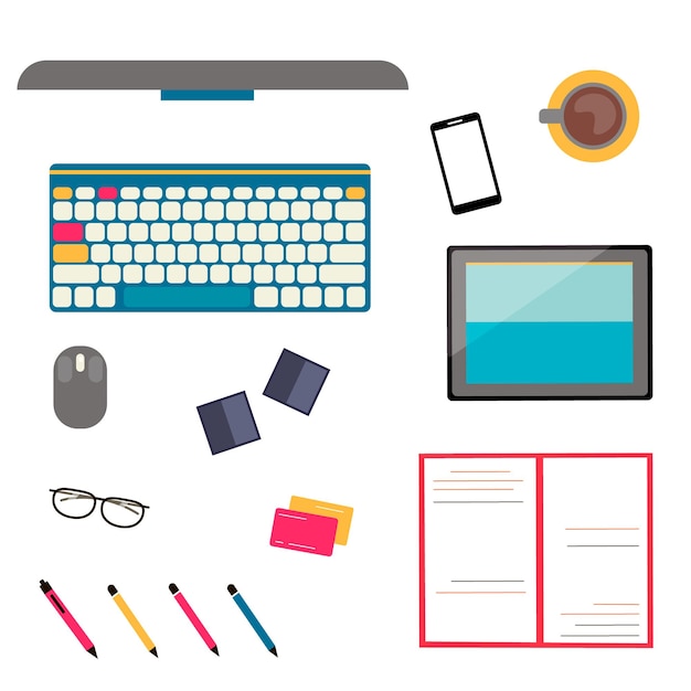 Business workspace with various office objects. Flat design vector illustration.