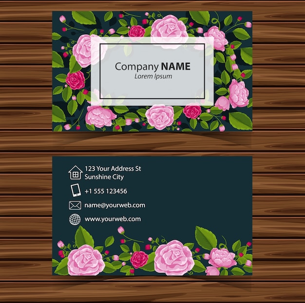 Businesscard template with pink roses on green background