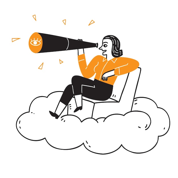 Businesses marketing concept, the pretty girl sitting on the clouds using a telescope, hand drawn vector illustration