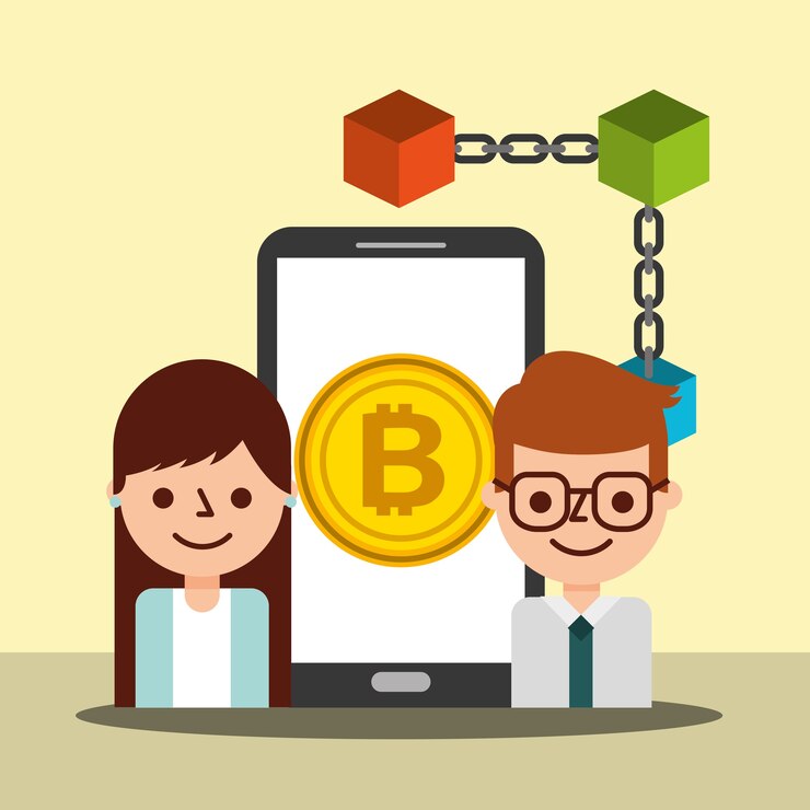 Vector businessman agent woman smartphone bitcoin blockchain 