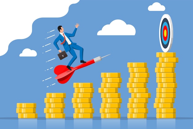 Vector businessman aim arrow to target on coin graph going up. goal setting. smart goal. business target concept. achievement and success. vector illustration in flat style