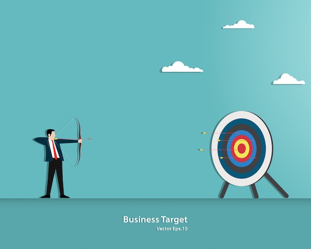 Businessman aiming target with bow and arrow