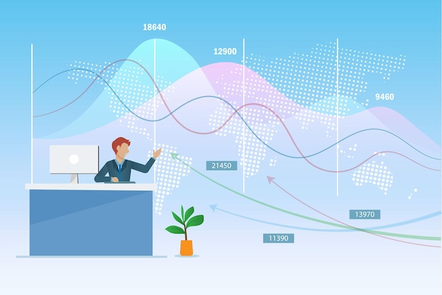 ビジネスの成長グラフとオフィスデスクでの金融投資チャートを分析するビジネスマン