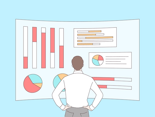 Vector businessman analysts on holographic charts and diagrams of sales management statistics