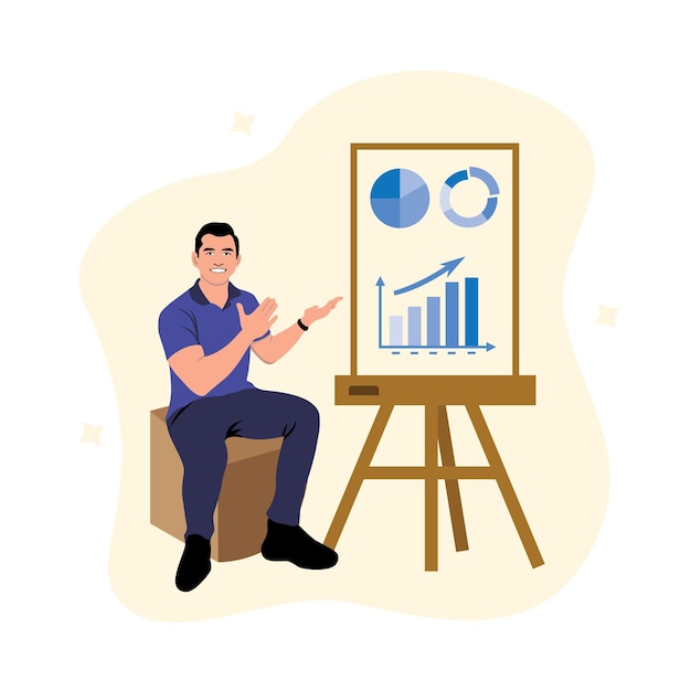 Businessman analyzing financial charts on whiteboard Vector illustration in flat style