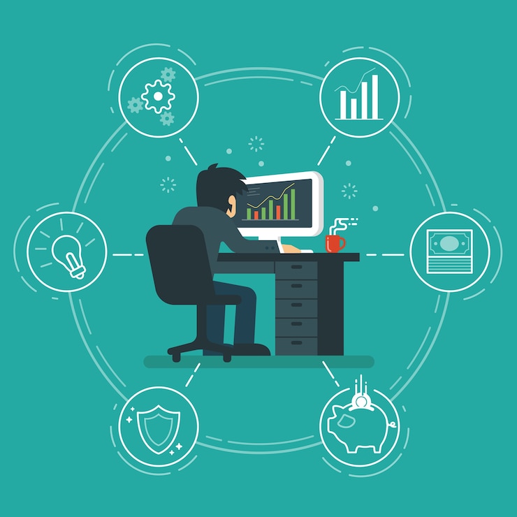 Vector businessman analyzing graphs on his work desk illustration.