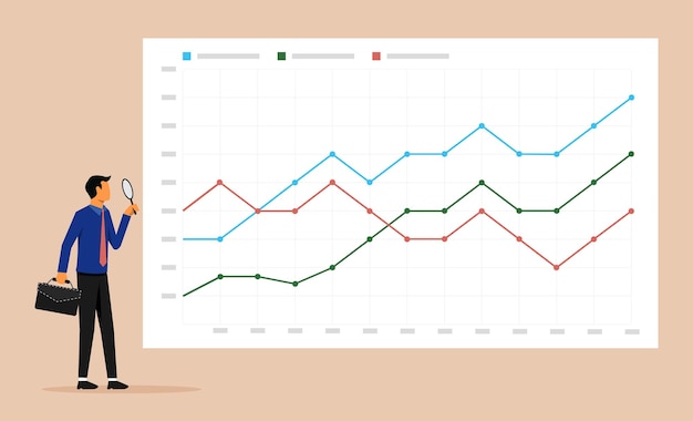 Uomo d'affari che analizza il simbolo del grafico di crescita con la lente d'ingrandimento. analisi dei dati aziendali e monitoraggio dell'illustrazione vettoriale.