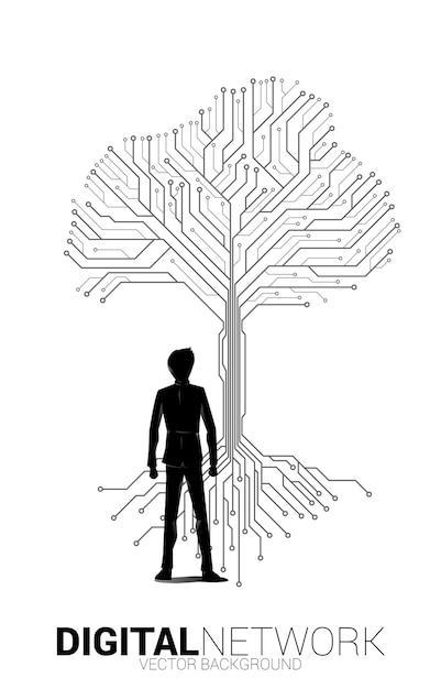 디지털 라인에서 사업가와 나무는 디지털 변환을 위한 도트 회로 기판 스타일 배경 개념을 연결합니다.