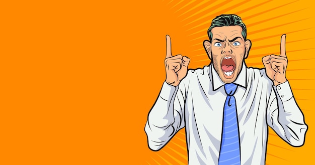 ビジネスマンは怒って叫んでいます。怒っている男が手を指して、背景のポップアートコミックスタイルであなたに話します。