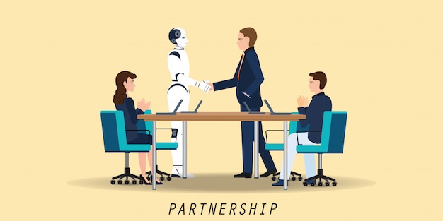 Businessman and Artificial intelligence robot handshaking during meeting agreement partnership.