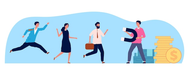 Businessman attraction people. person magnet, employees running to work. hr concept, greed or need for money vector illustration. businessman magnet employee, attract and pull