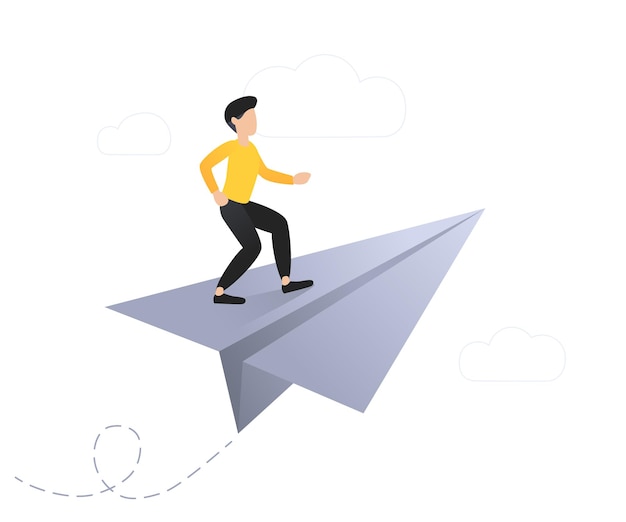 Businessman balances and flies on paper plane. business vector illustration about startup and success.