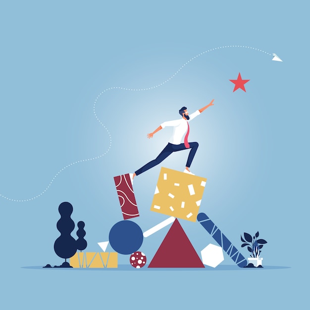businessman balancing on geometric shapes and reaching star.