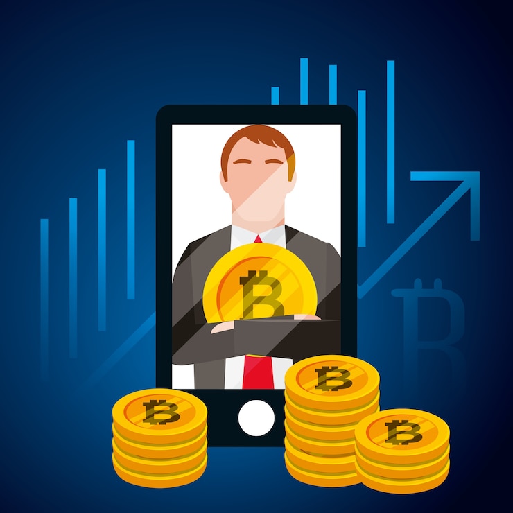 Вектор бизнесмен биткойн смартфон цифровой бизнес