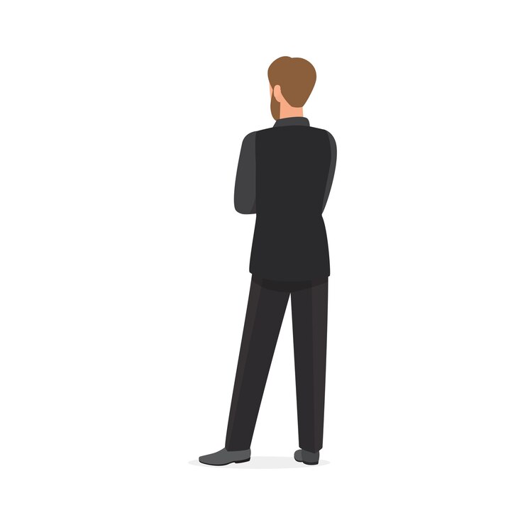 Businessman in black suit standing with arms crossed on chest rear view