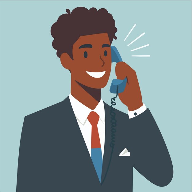 Vector businessman in black suit talking on phone with client in flat design illustration