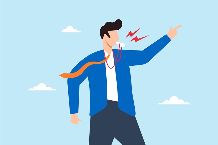 वेक्टर businessman blows whistle loudly while pointing signaling to alert others