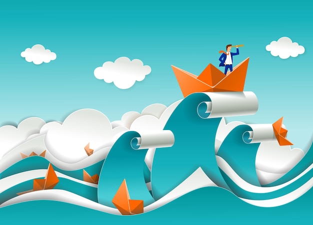 Businessman in boat on the top of ocean wave vector paper cut illustration business strategy directi...
