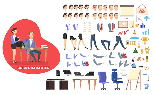 スーツとマネージャーのビジネスマンボスキャラクターは、さまざまなビュー、髪型、感情、ポーズ、ジェスチャーでアニメーションを設定します。別のオフィス機器。図