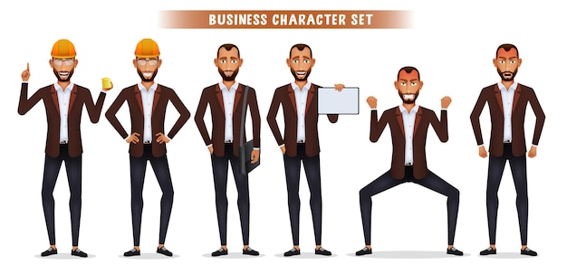 Businessman boss character vector set business man engineer employee characters with hard