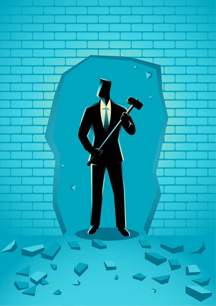 वेक्टर businessman breaking the wall with hammer